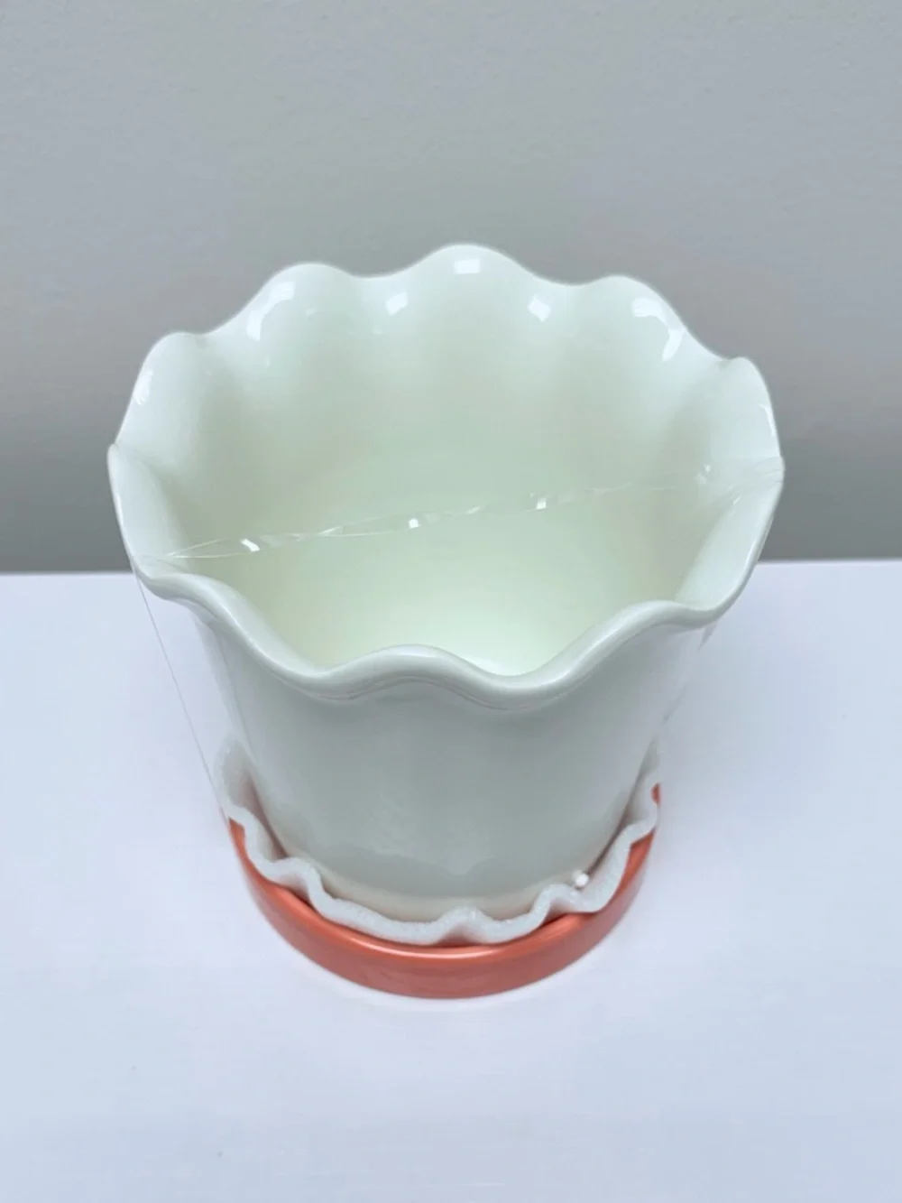 New! White Cream Scalloped Ceramic Planter with Orange Saucer, 2026